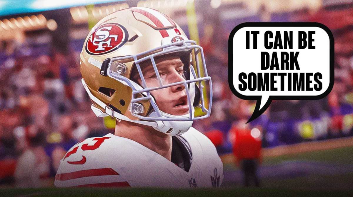 Christian McCaffrey with a text bubble reading "It can be dark sometimes" in front of the 49ers stadium