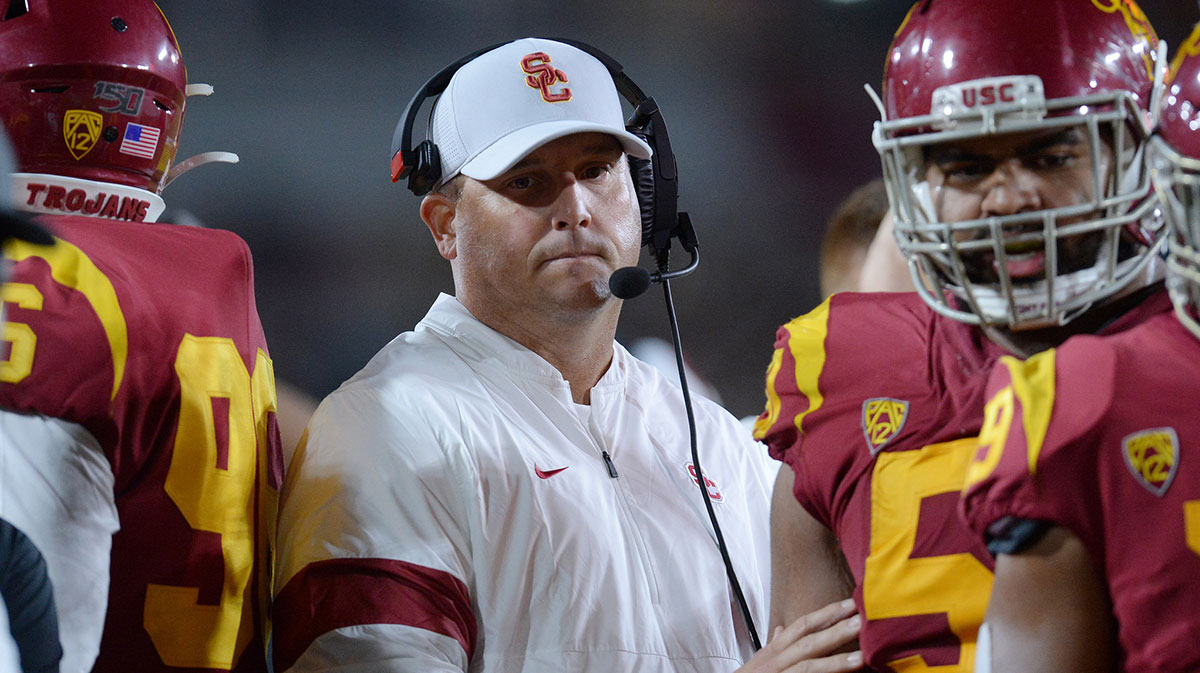 Southern California Trojans head coach Clay Helton reacts against the Arizona Wildcats during the second half at the Los Angeles Memorial Coliseum.