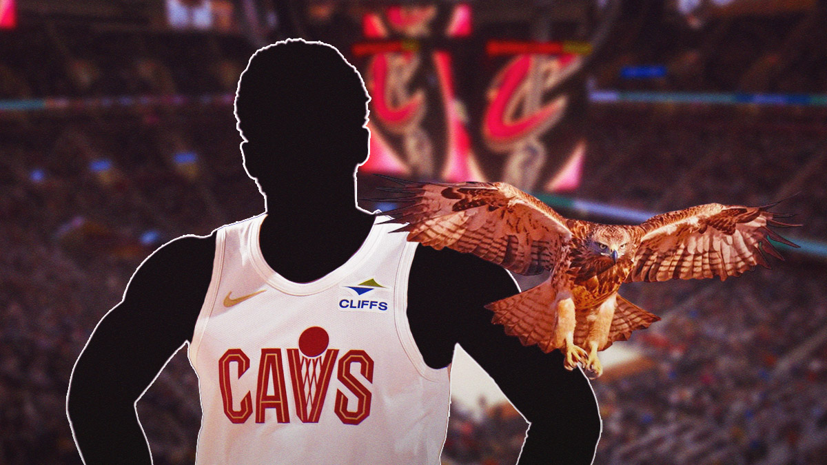 A silhouetted Cavs player next to a real-life Hawk