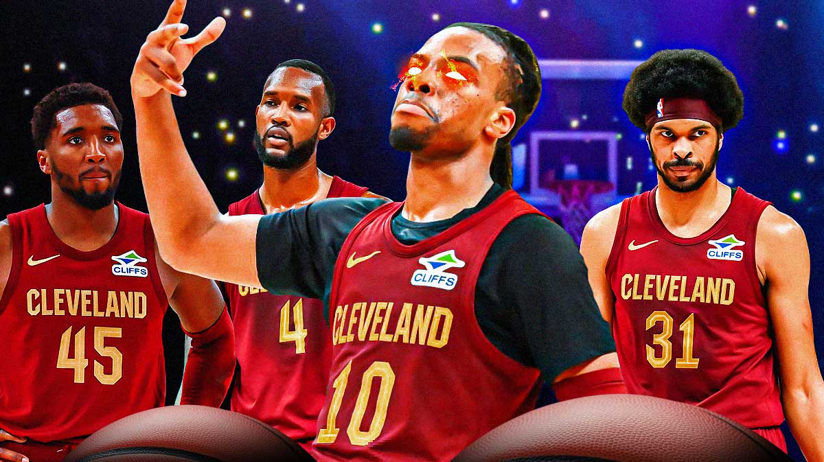 Darius Garland (with fire in his eyes), next to Donovan Mitchell, Jarrett Allen, and Evan Mobley featuring a Cavs-themed BG.