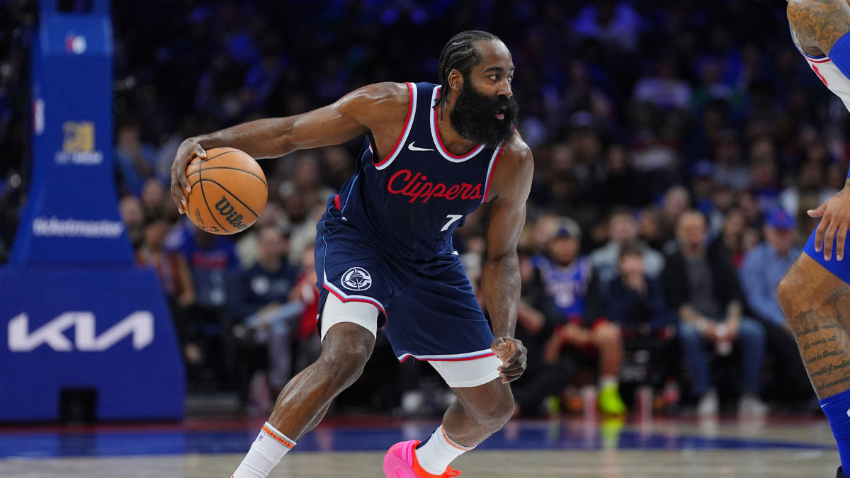 Los Angeles Clippers guard James Harden (1) controls the ball against the Philadelphia 76ers in the third quarter at Wells Fargo Center.