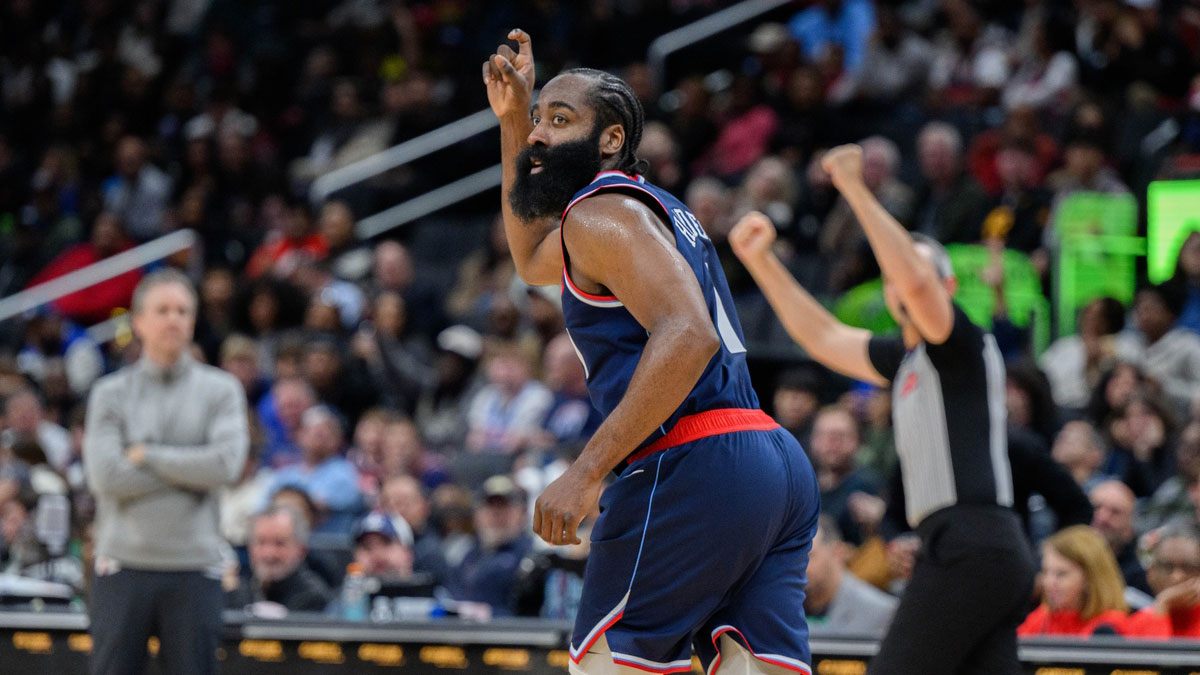 Clippers guard James Harden (1) reacts after making a three point basket during the third quarter against the Washington Wizards at Capital One Arena