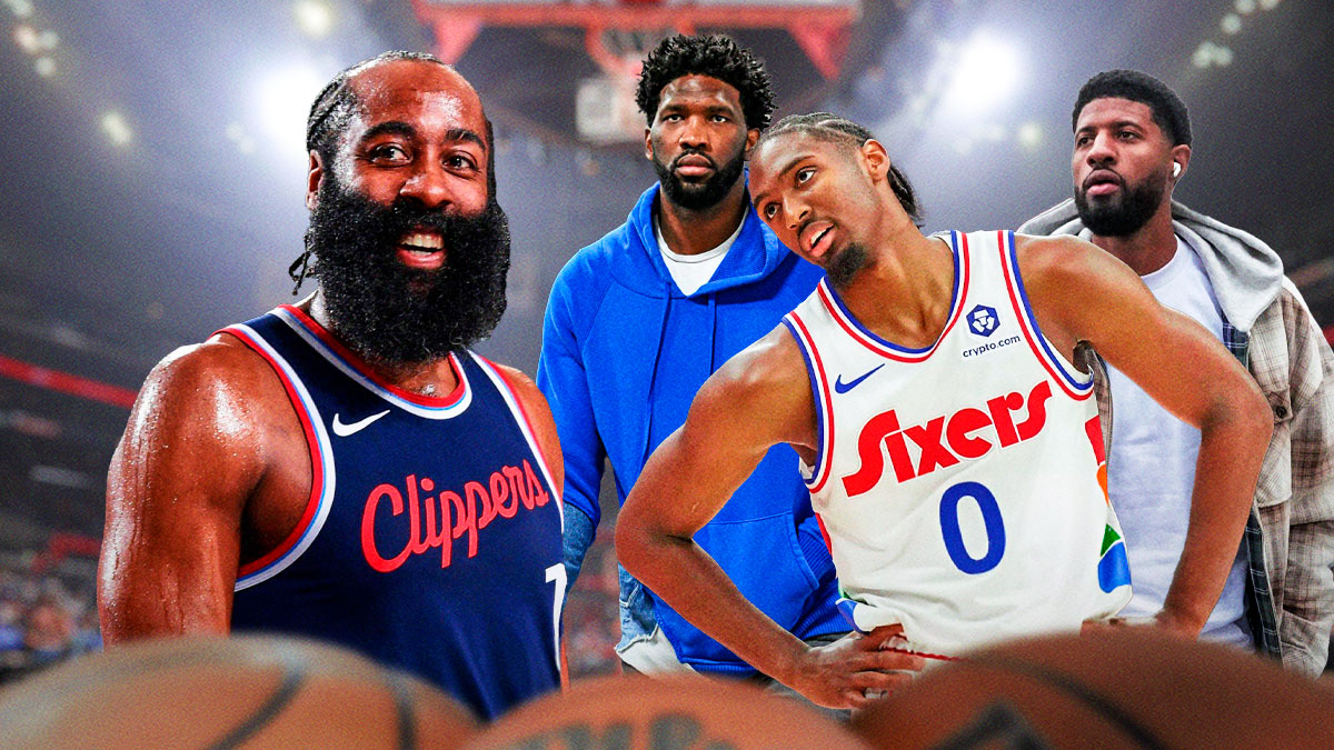 Clippers' James Harden happy, with 76ers' Joel Embiid and Paul George (in casual clothes) and Tyrese Maxey (in uniform) looking frustrated