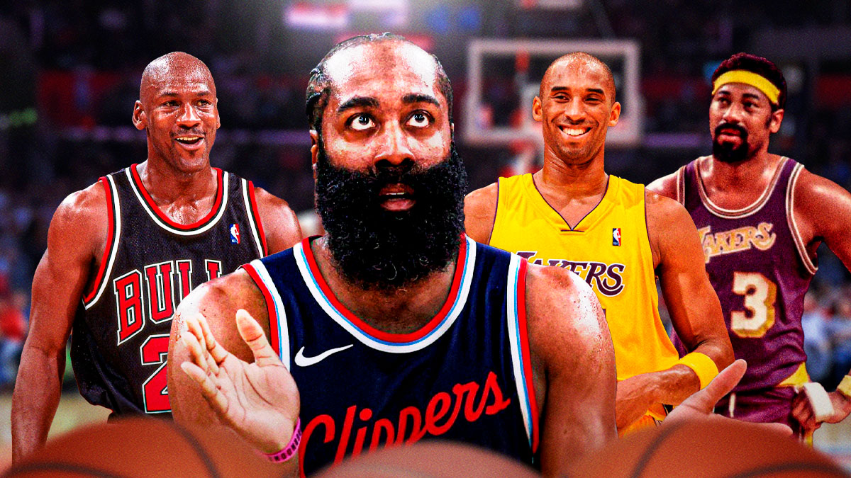 Clippers guard James Harden surrounded by Bulls legend Michael Jordan in a Bulls uniform, Lakers legend Kobe Bryant in a Lakers uniform & Warriors legend Wilt Chamberlain in a 1960s Warriors jersey