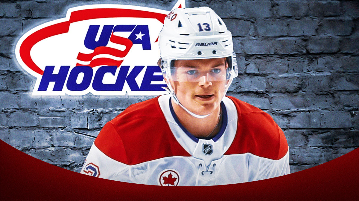 Cole Caufield next to Team USA Hockey logo