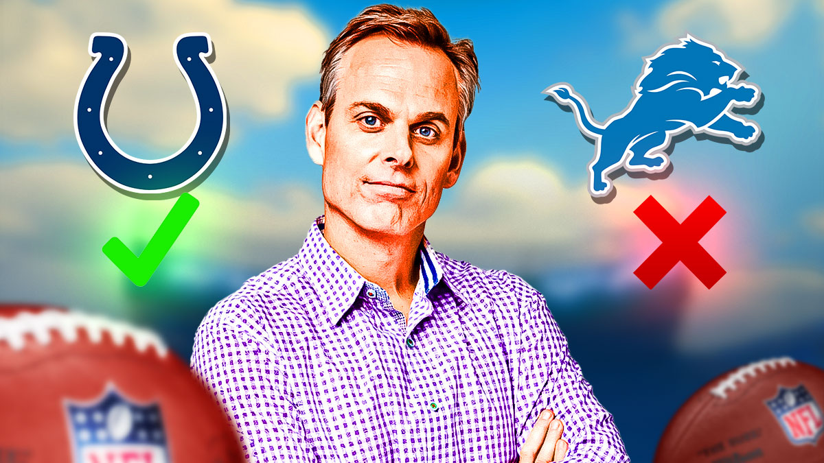 Colin Cowherd with the Indianapolis Colts logo with a green check mark through it. Next to it, is the Detroit Lions logo with a red X mark through it