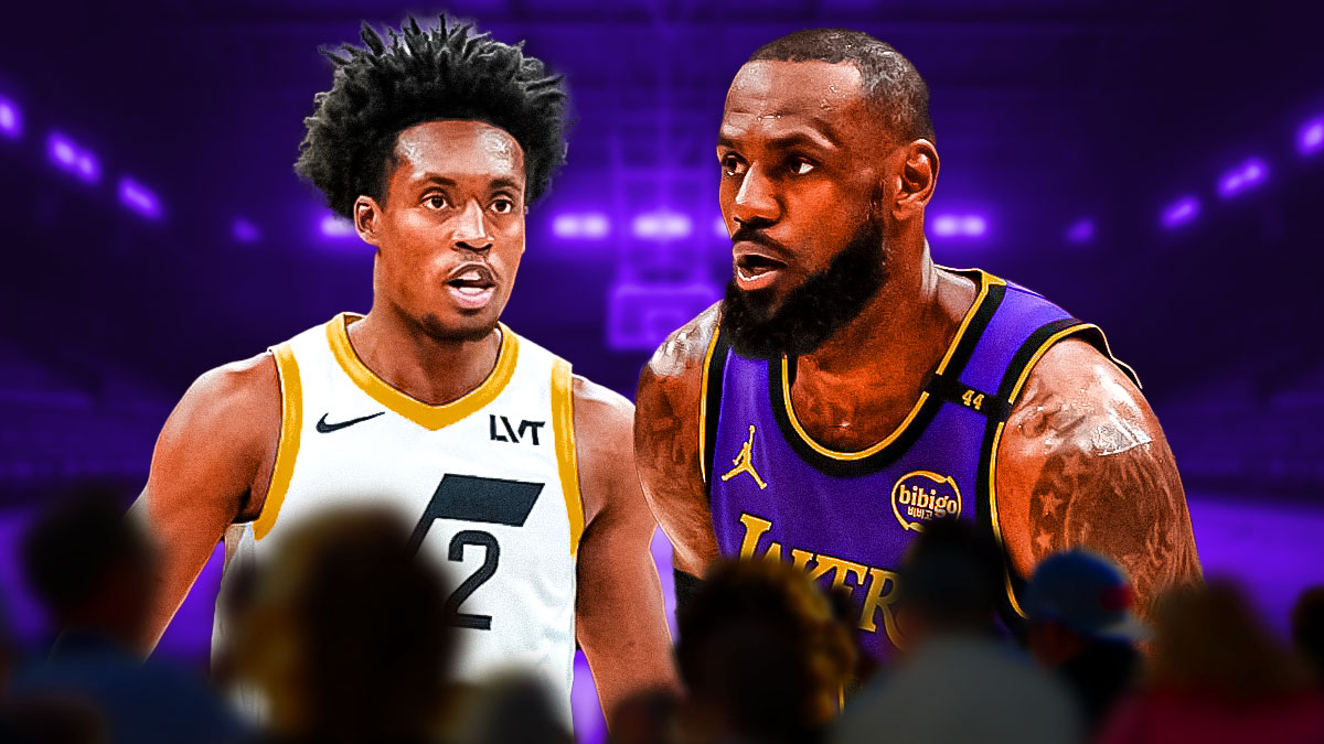Jazz guard Collin Sexton next to Lakers superstar LeBron James with the Lakers' NBA Cup floor from Crypto.com Arena in the background