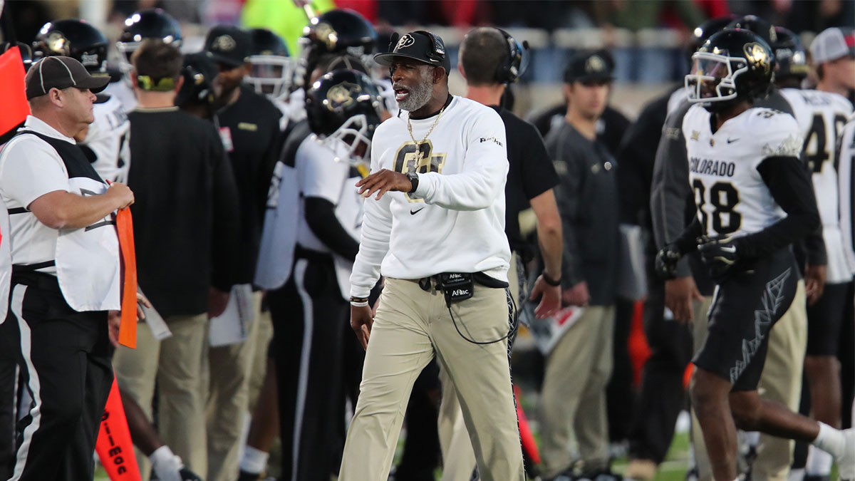 Colorado Buffalos head coach Deion Sanders in the second half during the game against the Texas Tech Red Raiders at Jones AT&T Stadium and Cody Campbell Field.