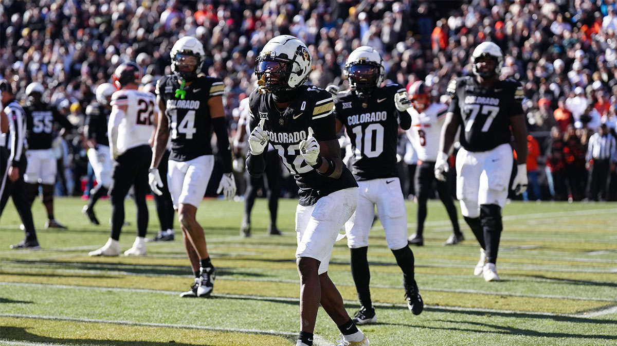Colorado Buffaloes wide receiver Travis Hunter (12) dances following his third quarter touchdown reception against the Oklahoma State Cowboys at Folsom Field.