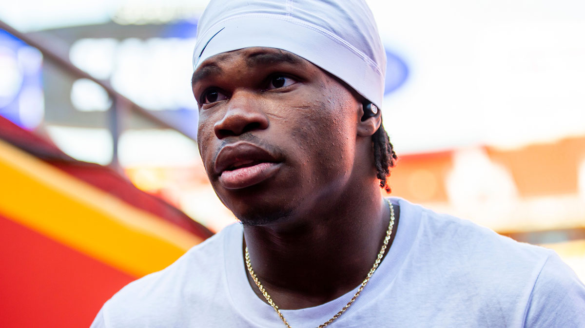 Colorado wide receiver Travis Hunter (12) prior to the game between the Kansas Jayhawks and the Colorado Buffaloes at GEHA Field at Arrowhead Stadium