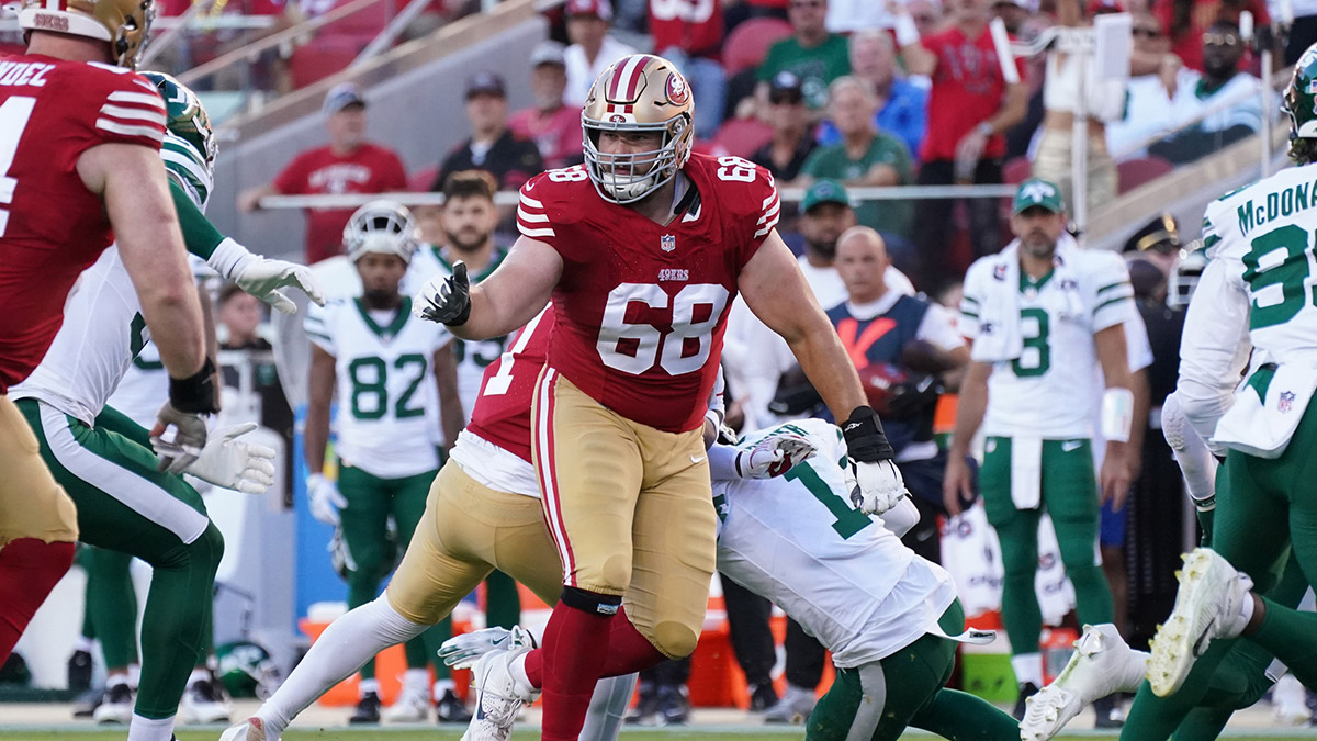 San Francisco 49ers offensive tackle Colton McKivitz (68) blocks for a teammate in the second quarter against the New York Jets at Levi's Stadium.