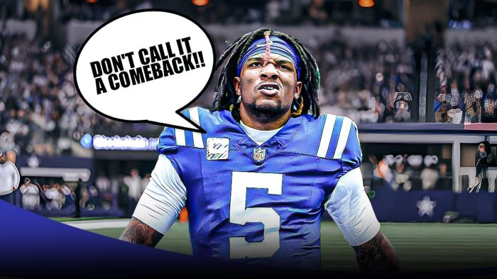 Colts' Anthony Richardson yelling with a talk bubble DON'T CALL IT A COMEBACK!!