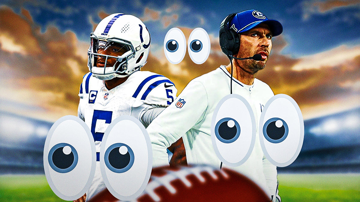 Anthony Richardson on one side, Shane Steichen on the other side with the big eyes emoji over his face