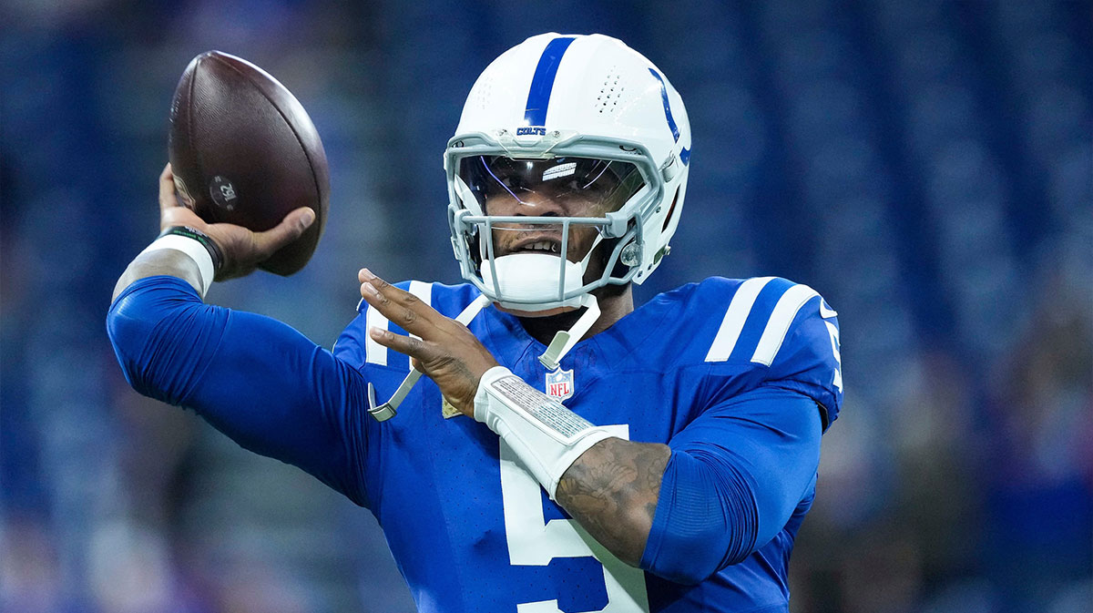 Indianapolis Colts quarterback Anthony Richardson (5) throws the ball during pregame warm-up