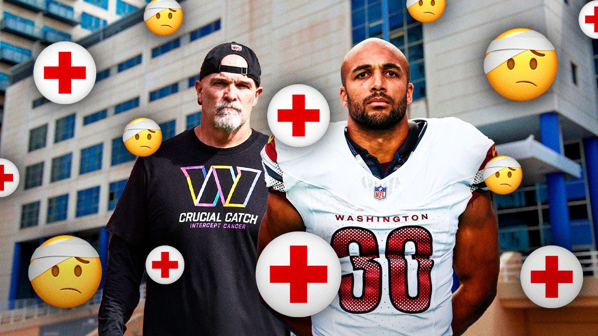 Washington Commanders head coach Dan Quinn and RB Austin Ekeler in front of a hospital with red crosses and 🤕 emojis in the background.