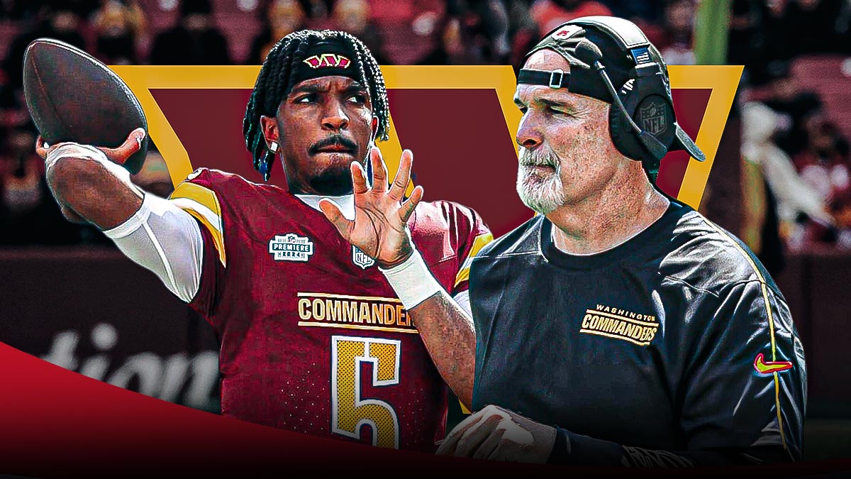 Image of Commanders head coach Dan Quinn looking concerned next to an image of Commanders QB Jayden Daniels looking angry. Commanders logo in background.
