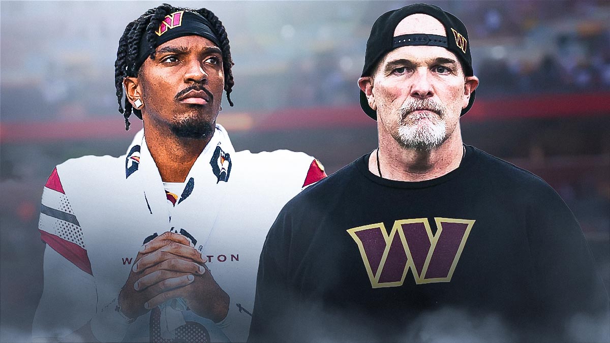 Jayden Daniels beside Dan Quinn