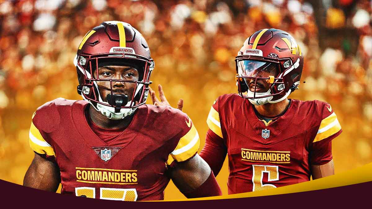 Image of Commanders wide receiver Terry McLaurin next to image of Commanders quarterback Jayden Daniels looking disappointed. Commanders logo in background