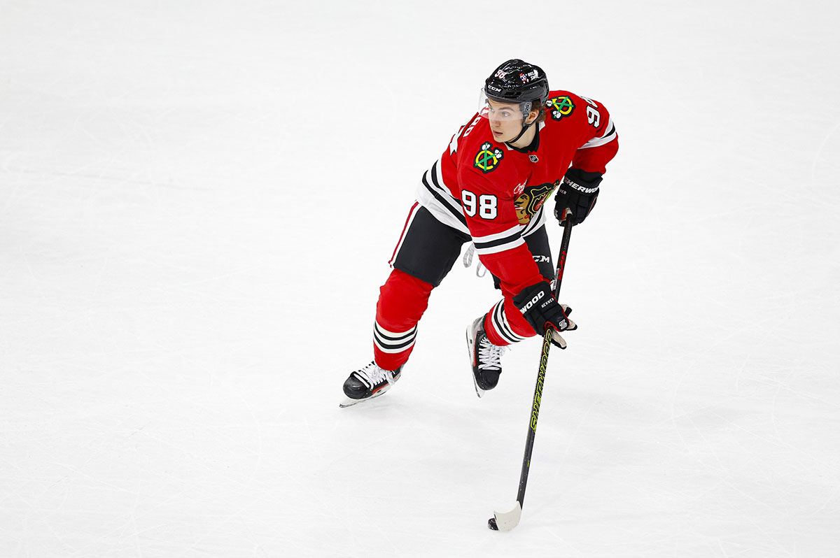 Chicago Blackhawks center Connor Bedard (98) looks to pass the puck against the Anaheim Ducks during the first period at United Center.