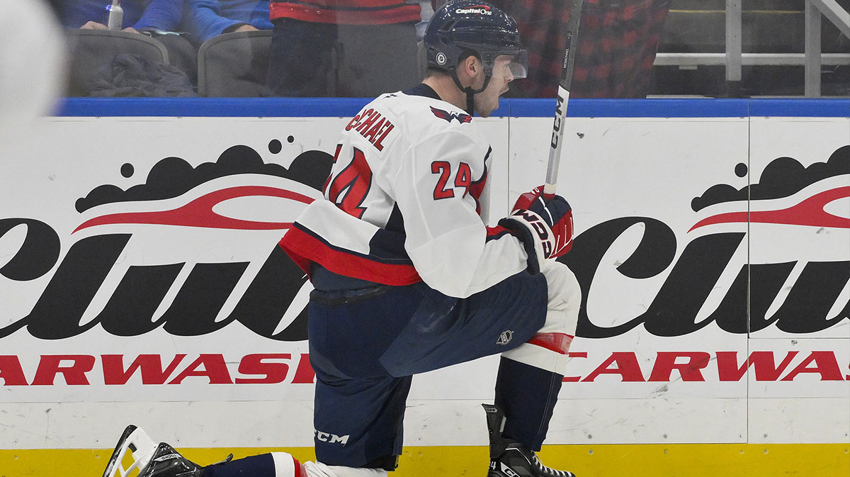 Washington Capitals center Connor McMichael (24) reacts after scoring against the St. Louis Blues during the first period at Enterprise Center.