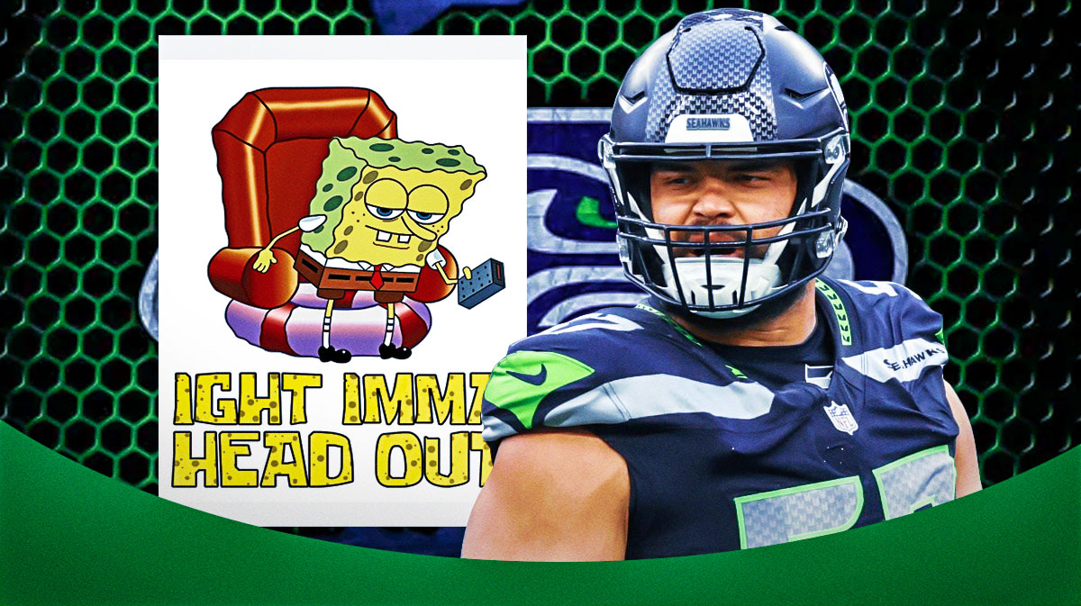 Seahawks' Connor Williams next to IGHT IMMA HEAD OUT Spongebob meme