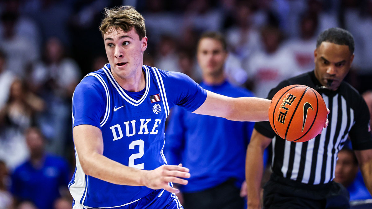 Duke Blue Devils guard Cooper Flagg (2) dribbles the ball during the first half against the Arizona Wildcats at McKale Center.