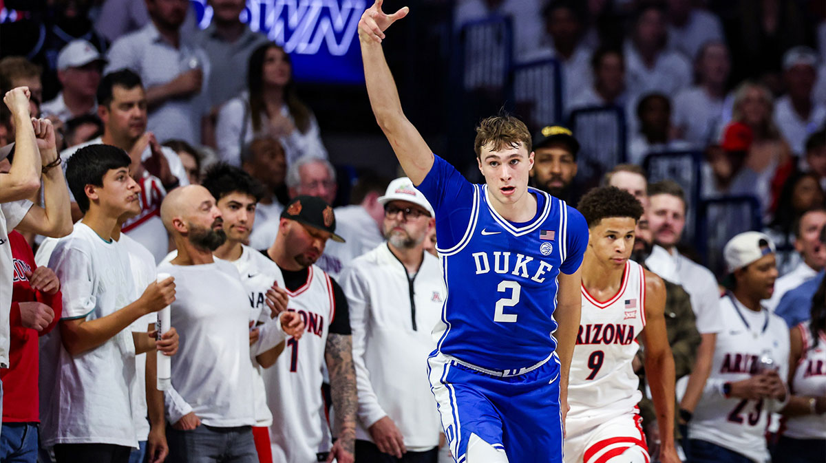 Duke Blue Devils forward Cooper Flagg (2) celebrates a three pointer made during the second half against the Arizona Wildcat at McKale Center.