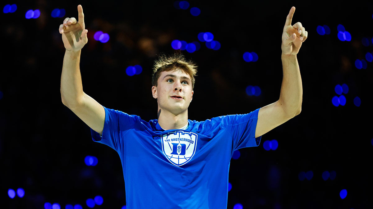     Duke Blue Devils guard Cooper Flagg (2) meets fans during Countdown to Craziness at Cameron Indoor Stadium