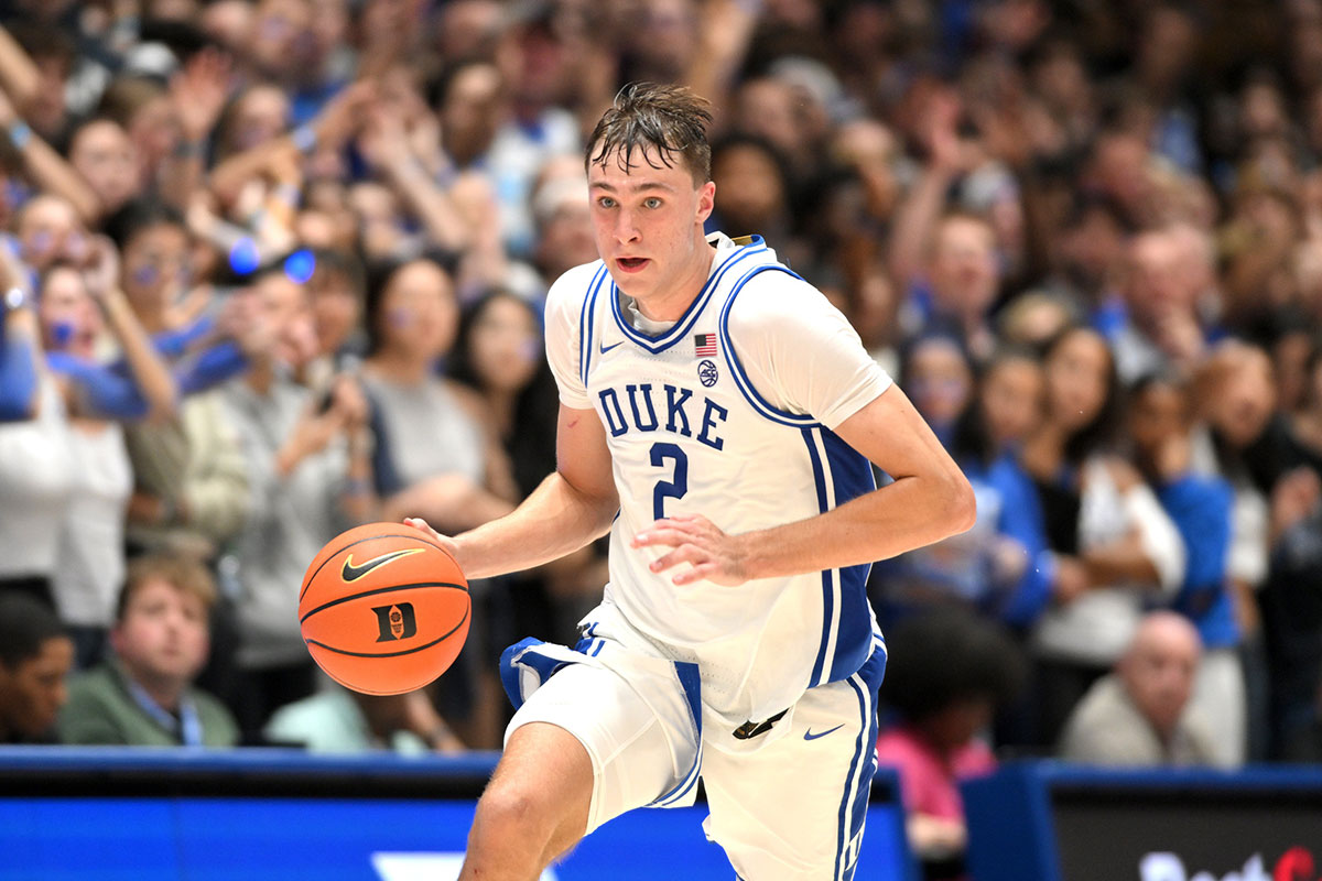 Duke Blue Devils guard Cooper Flagg (2) brings the ball down court against the Maine Black Bears at Cameron Indoor Stadium during the second half.