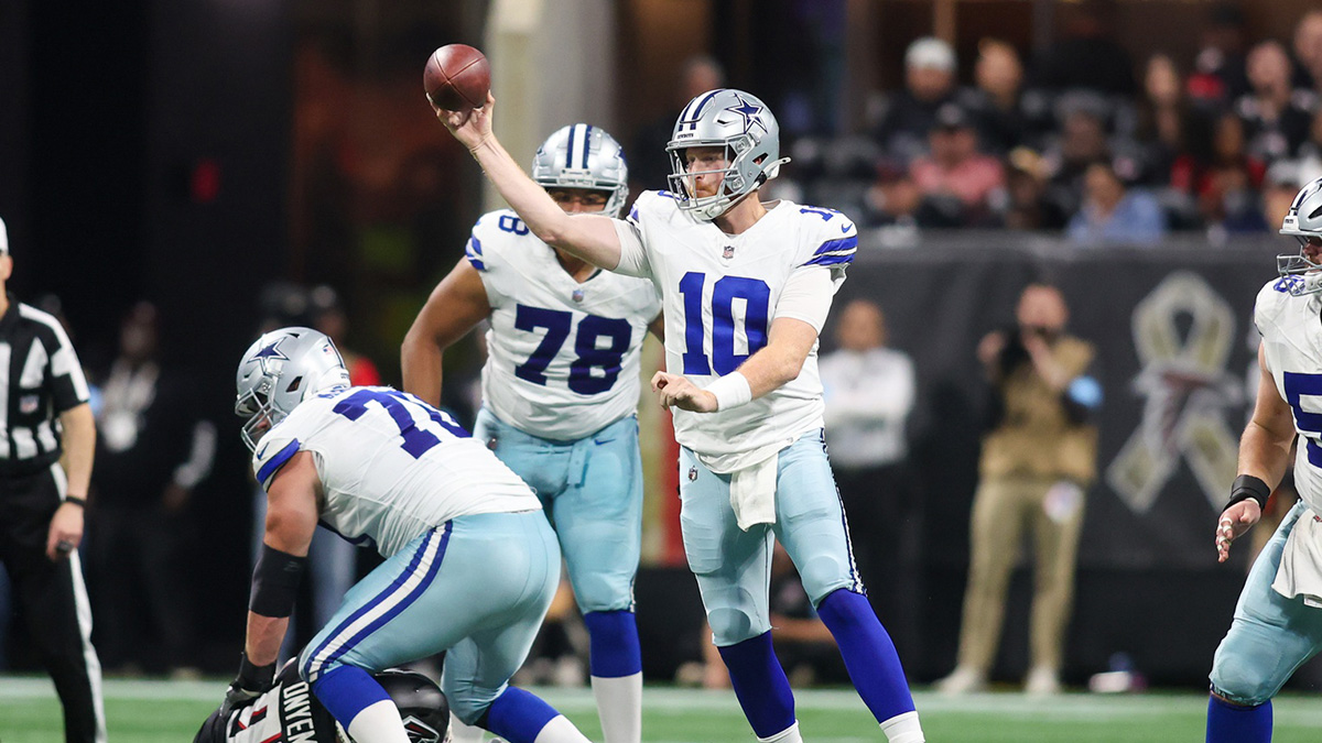 Nov 3, 2024; Atlanta, Georgia, USA; Dallas Cowboys quarterback Cooper Rush (10) throws a pass against the Atlanta Falcons in the fourth quarter at Mercedes-Benz Stadium.