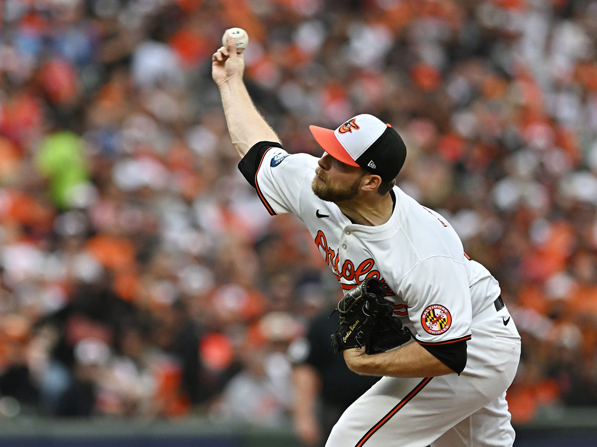 Baltimore Orioles pitcher Corbin Burnes (39) throws a pitch in the second inning against the Kansas City Royals in game one of the Wild Card round for the 2024 MLB Playoffs at Oriole Park at Camden Yards. 