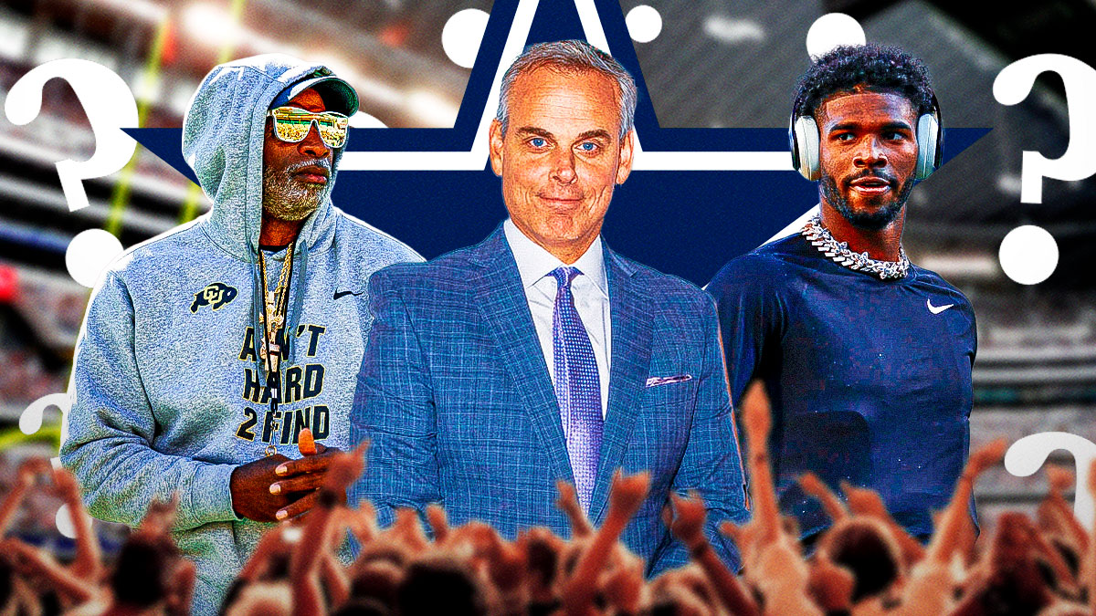 American media personality Colin Cowherd with University of Colorado coach Deion Sanders and QB Shedeur Sanders. They are surrounded by question mark emojis. There is also a logo for the Dallas Cowboys.