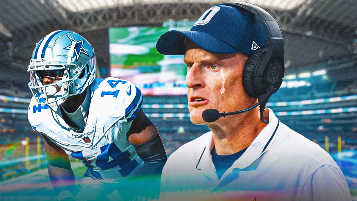 John Fassel with a tear in his eye with Markquese Bell in the background in AT&T Stadium