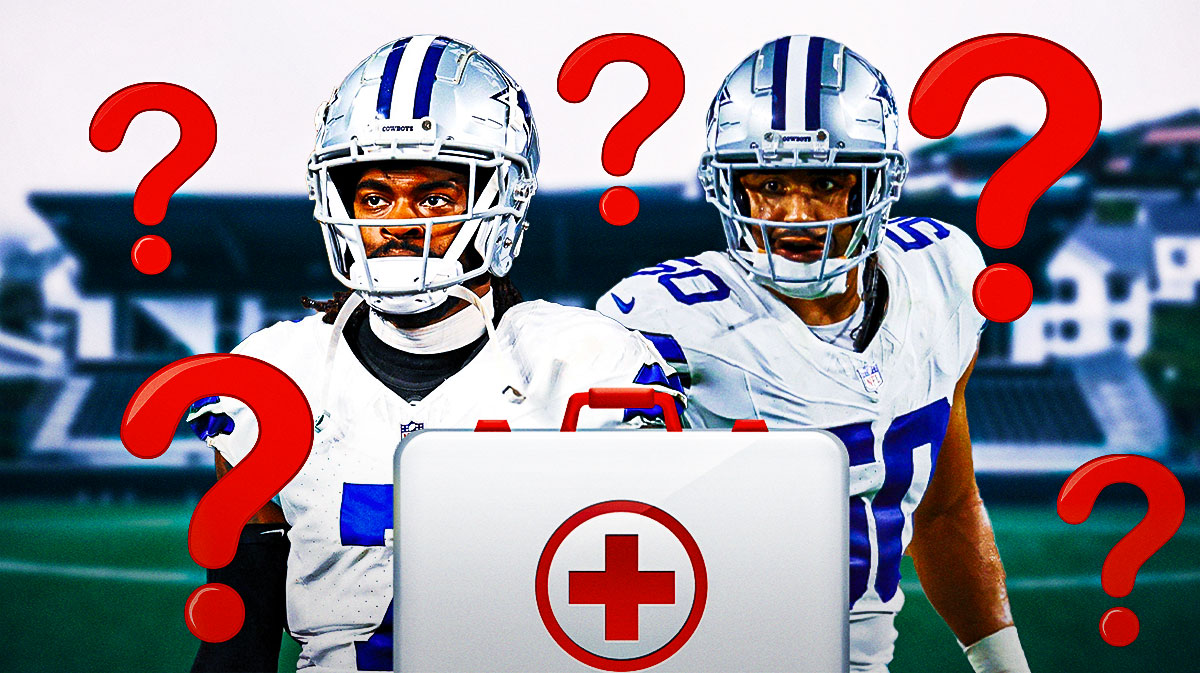 Trevon Diggs and Eric Kendricks with an injury kit in front of them and question marks in the background