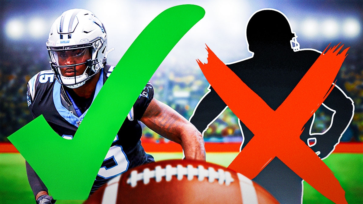 Cowboys' Jonathan Mingo with a big green check mark and a blacked out NFL player silhouette with a big red X