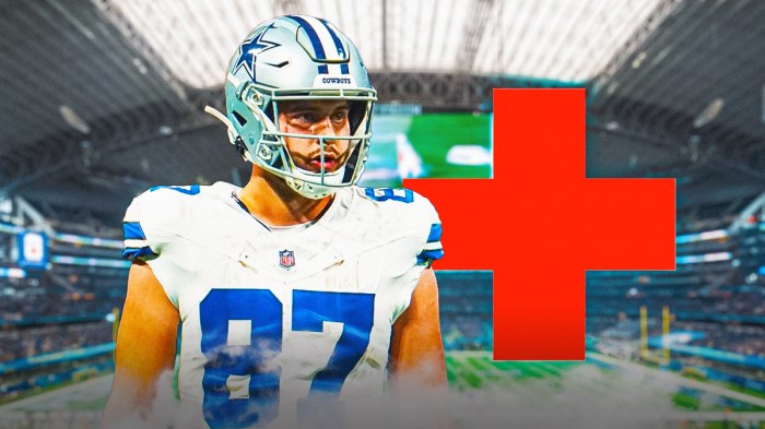 Jake Ferguson (Cowboys) with medical cross symbol in the background
