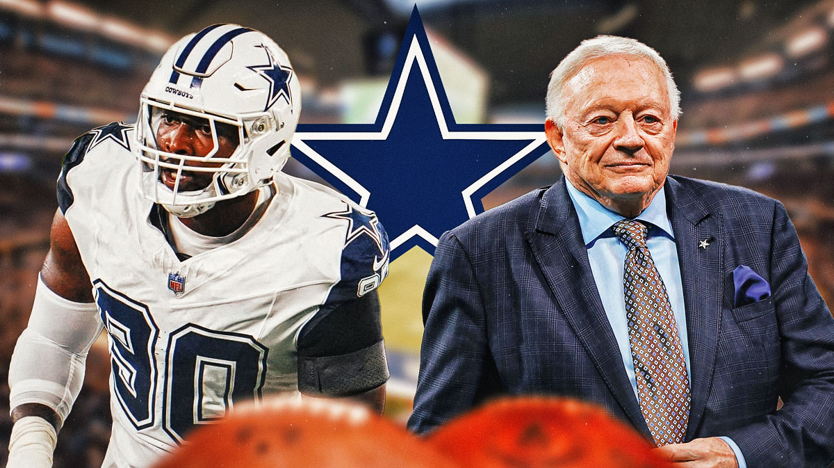 DeMarcus Lawrence and Jerry Jones in front of a Cowboys logo