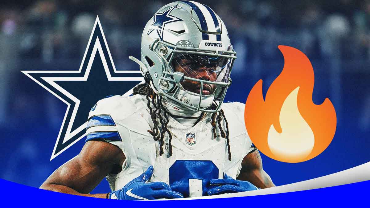 Image of Dallas Cowboys return specialist/wide receiver KaVontae Turpin running with a fire emoji behind him. Cowboys logo in background