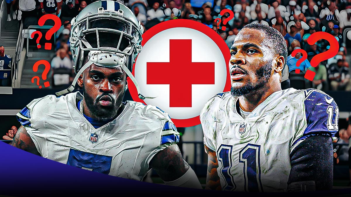 Image of Cowboys linebacker Micah Parsons next to image of Cowboys cornerback Trevon Diggs with medical cross emoji next to both of them and a question mark emoji. Cowboys logo in background