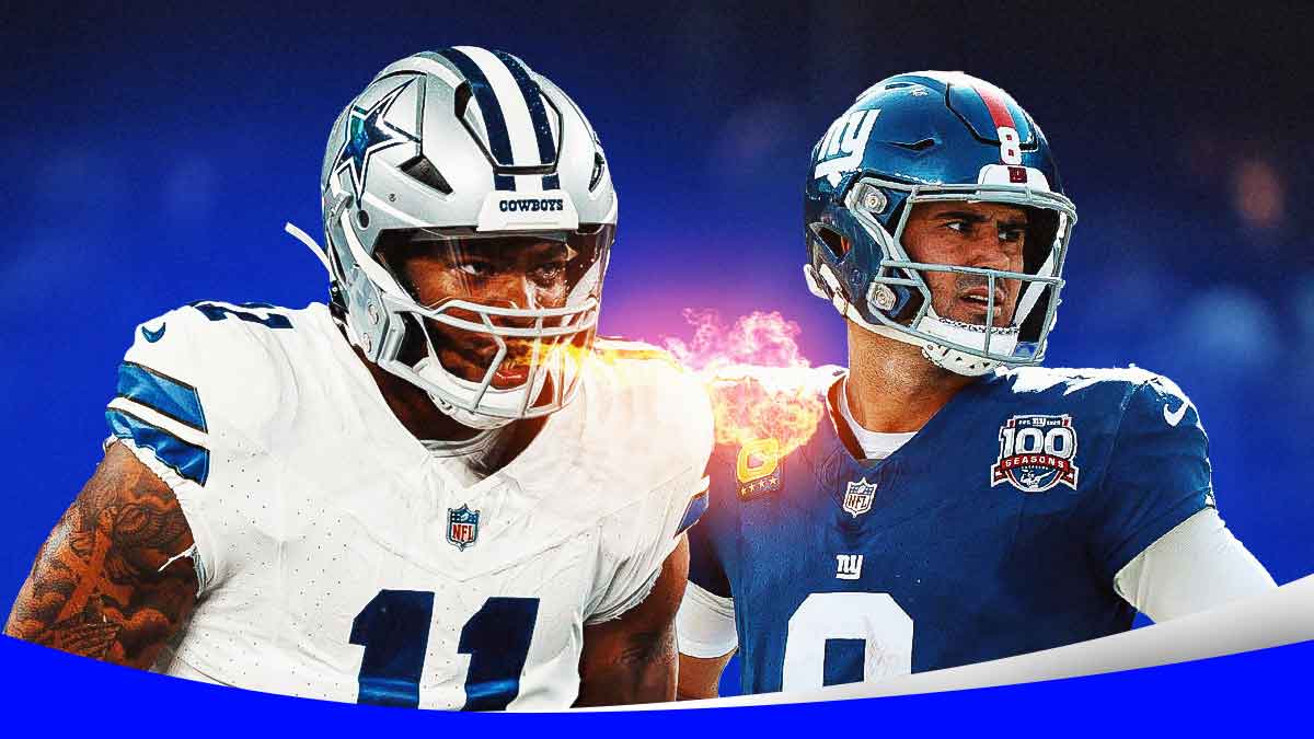 Image of Cowboys linebacker Micah Parsons with fire coming out of his mouth next to an image of Giants quarterback Daniel Jones looking disappointed. Cowboys logo in the background