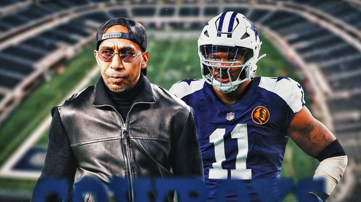 Stephen A. Smith and Dallas Cowboys star Micah Parsons in front of AT&T Stadium.