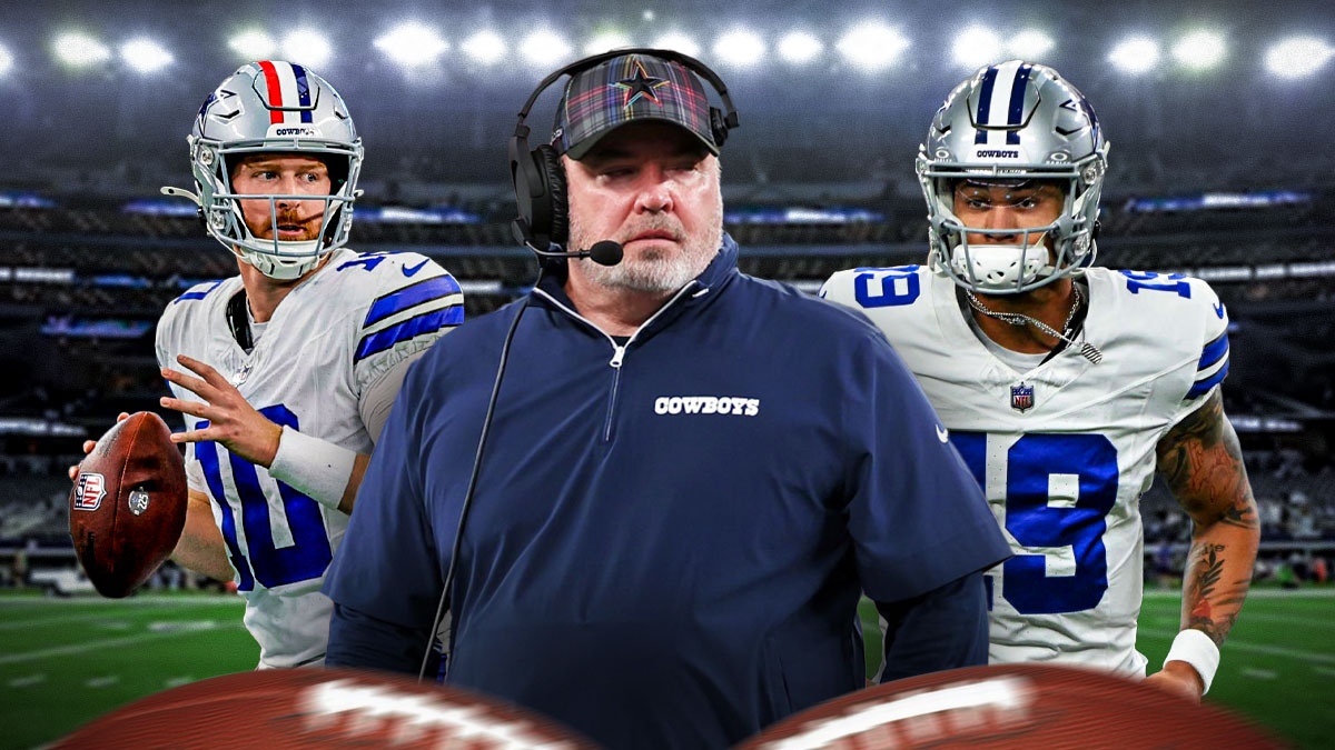 Cowboys coach Mike McCarthy with Cooper Rush and Trey Lance in Dallas Cowboys uniforms as McCarthy is sticking with Rush as the starter but plans to use Lance.