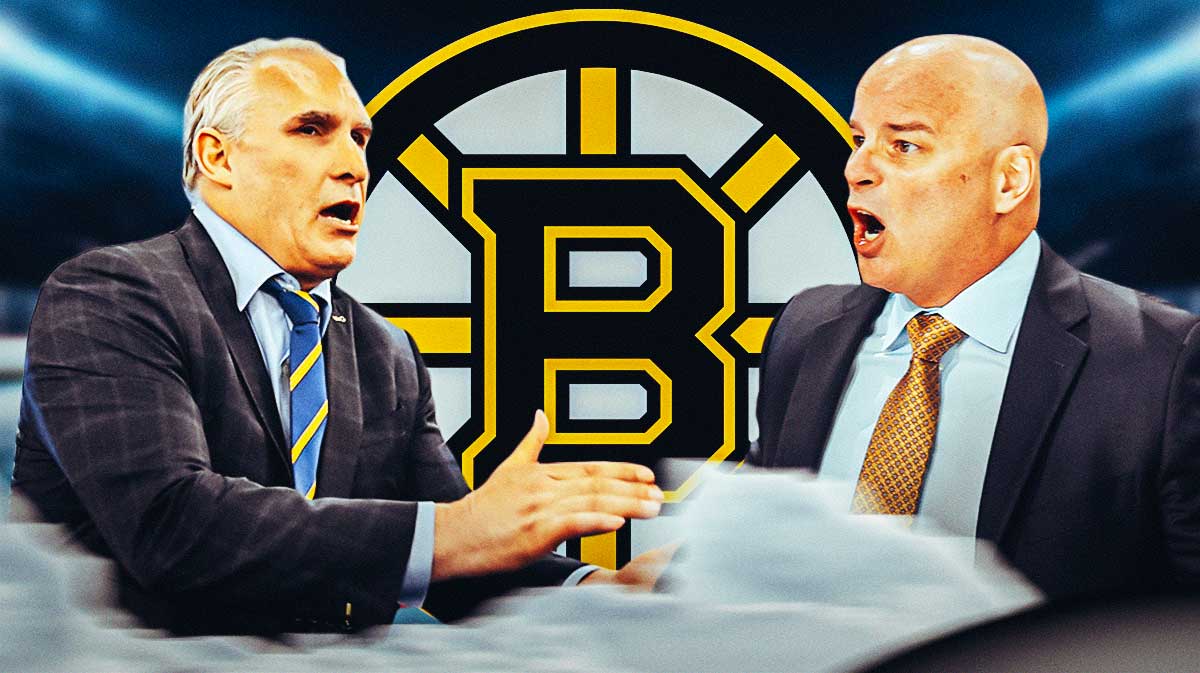 Craig Berube and Jim Montgomery both in image looking stern, Boston Bruins logo, hockey rink in background