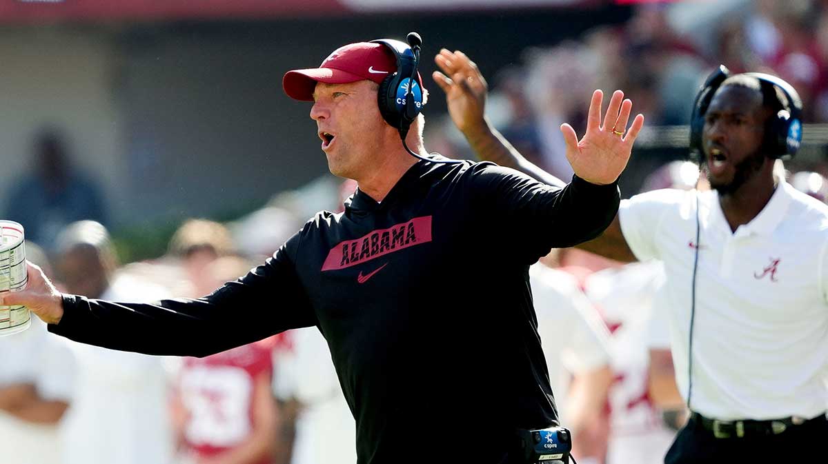 Alabama Crimson Tide head coach Kalen DeBoer protests a personal foul call against Alabama during the game with Mercer at Bryant-Denny Stadium.