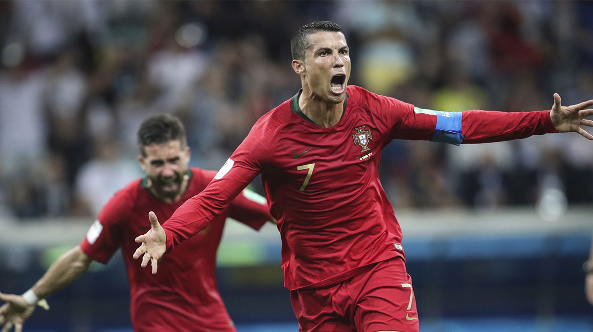 Portugal forward Cristiano Ronaldo (7) celebrates after scoring a goal against Spain in Group B play during the FIFA World Cup 2018 at Fisht Stadium.