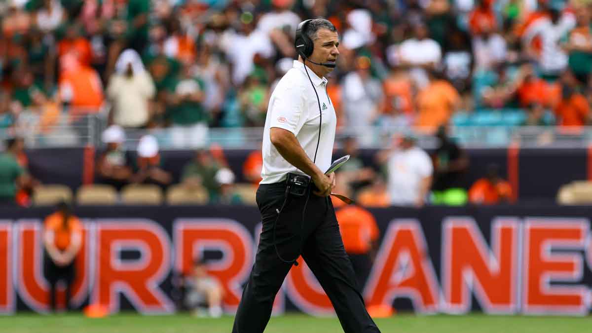 Miami Hurricanes head coach Mario Cristobal looks on from the field against the Duke Blue Devils during the fourth quarter at Hard Rock Stadium. 