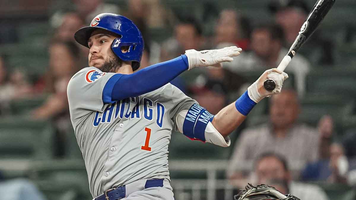 Chicago Cubs second baseman Nick Madrigal (1) singles against the Atlanta Braves during the seventh inning at Truist Park