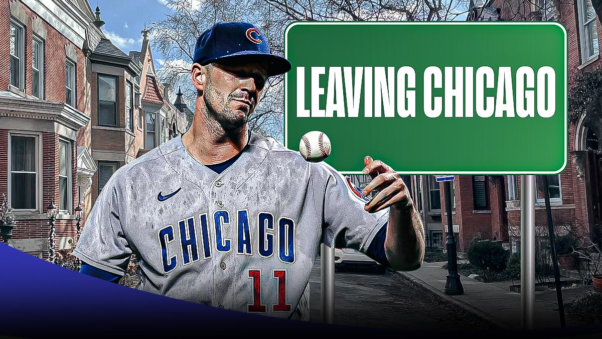 Drew Smyly in a Chicago Cubs uniform next to a sign that reads: Leaving Chicago as the Cubs declined Smyly's option for 2025 while cody bellinger picked up his 2025 option.