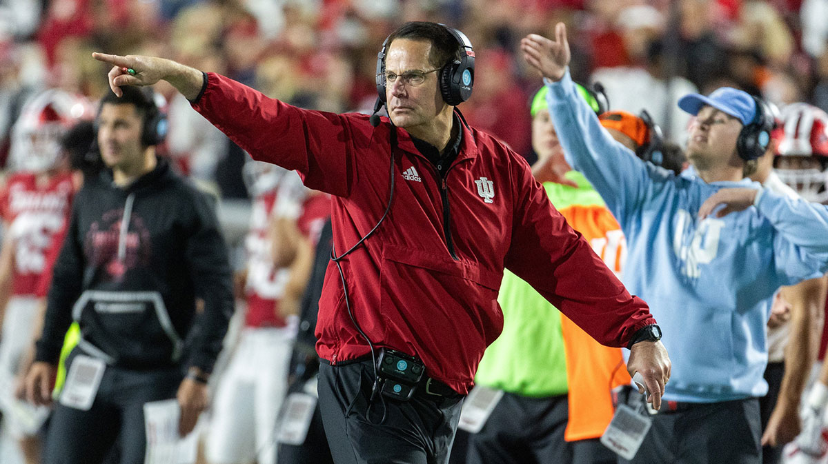 Nov 9, 2024; Bloomington, Indiana, USA; Indiana Hoosiers head coach Curt Cignetti reacts in the second half against the Michigan Wolverines at Memorial Stadium. Mandatory Credit: Trevor Ruszkowski-Imagn Images