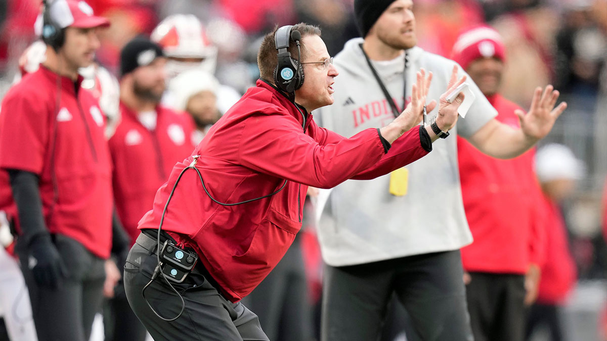 Indiana Hoosiers head coach Curt Cignetti coaches his team against Ohio State Buckeyes in the third quarter during the football game in Columbus on Saturday, Nov. 23, 2024.